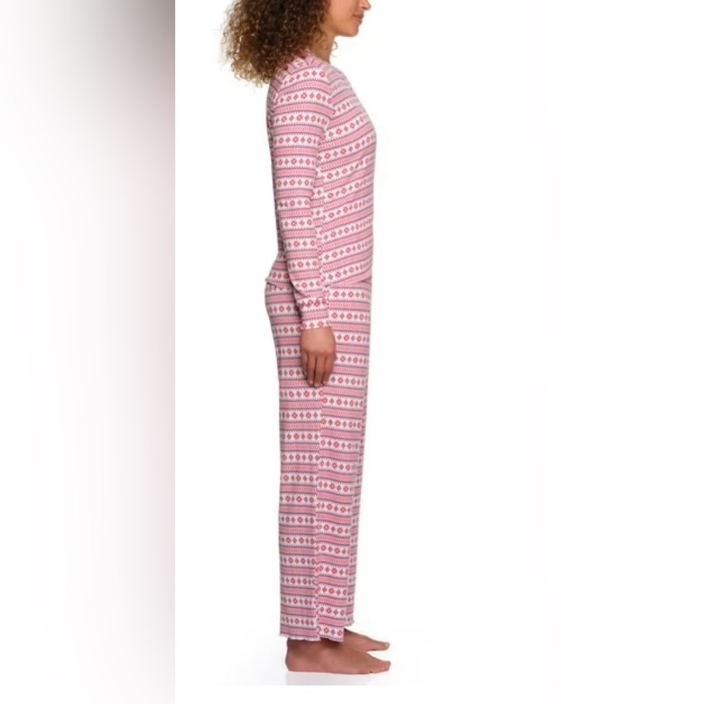 LOFT Women’s Pointelle Knit Henley Pajama Set Cream/Snowflakes, Elastic Waist - Picture 3 of 8